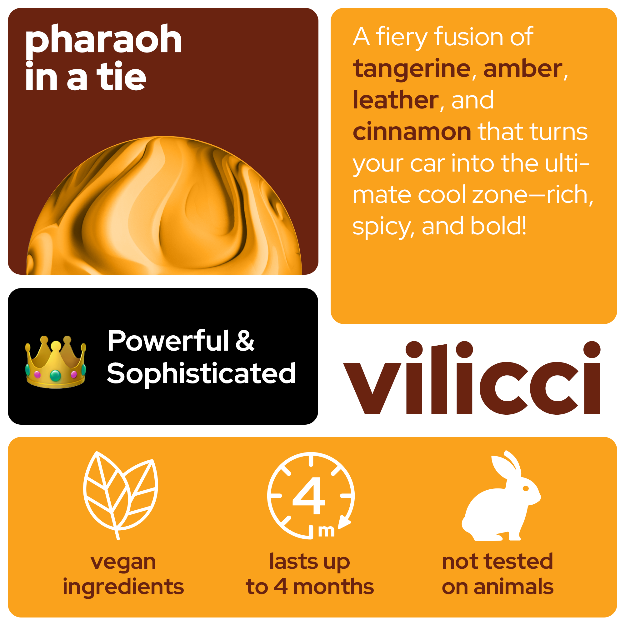 Vilicci Pharaoh In a Tie car diffuser scent card featuring tangerine, amber, leather, and cinnamon, with a bold Powerful & Sophisticated vibe